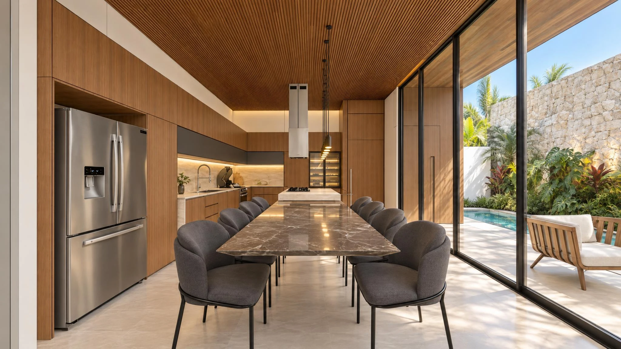 Cozinha com ilha, mesa de jantar e abertura para a piscina