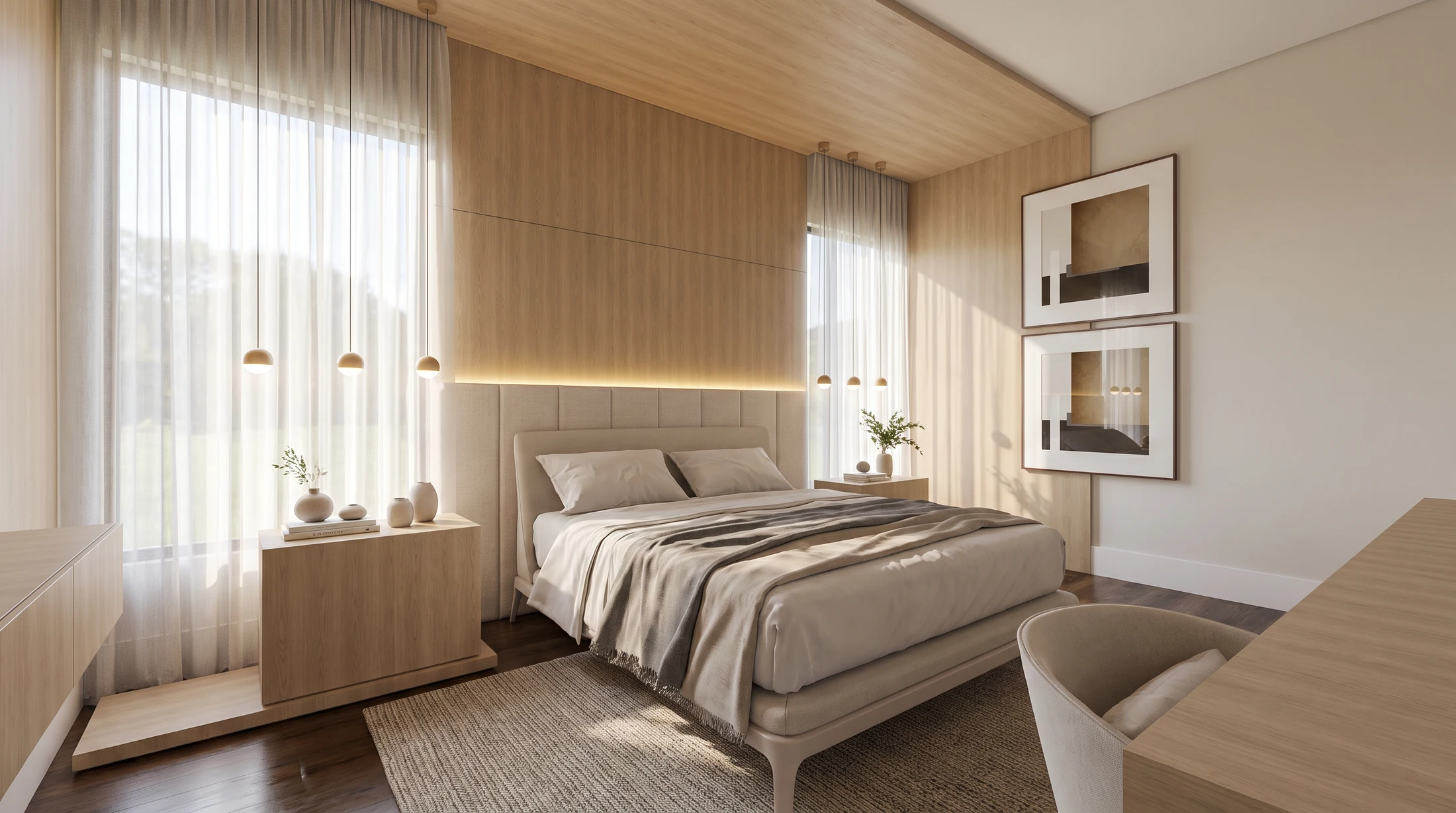 Suíte principal com painéis em madeira clara, cortinas translúcidas e cabeceira estofada